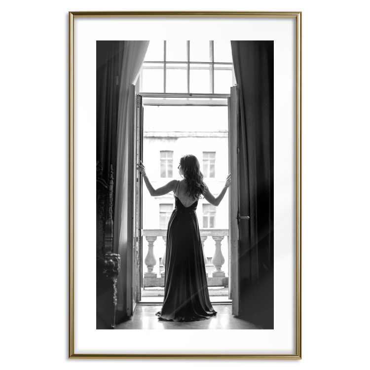 Wall Poster Bright Outlook - woman in a balcony railing in black and white colors 132275 additionalImage 14