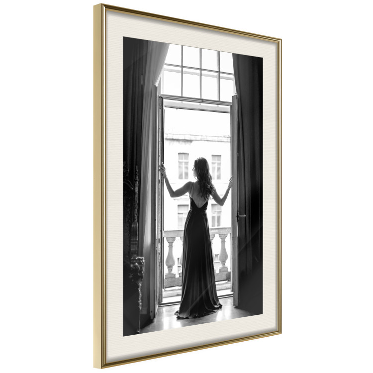 Wall Poster Bright Outlook - woman in a balcony railing in black and white colors 132275 additionalImage 3