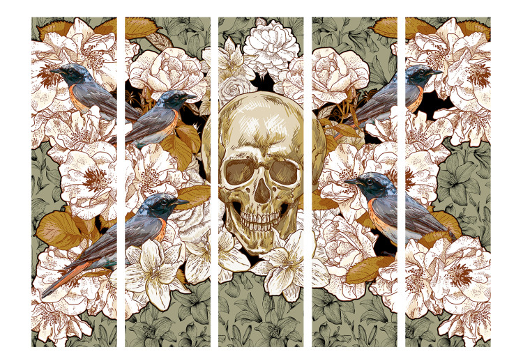 Folding Screen Amidst Flowers II (5-piece) - retro composition with a human skull 132775 additionalImage 3