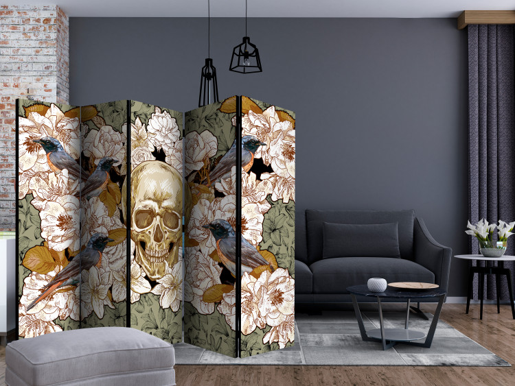 Folding Screen Amidst Flowers II (5-piece) - retro composition with a human skull 132775 additionalImage 4