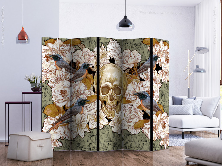 Folding Screen Amidst Flowers II (5-piece) - retro composition with a human skull 132775 additionalImage 2