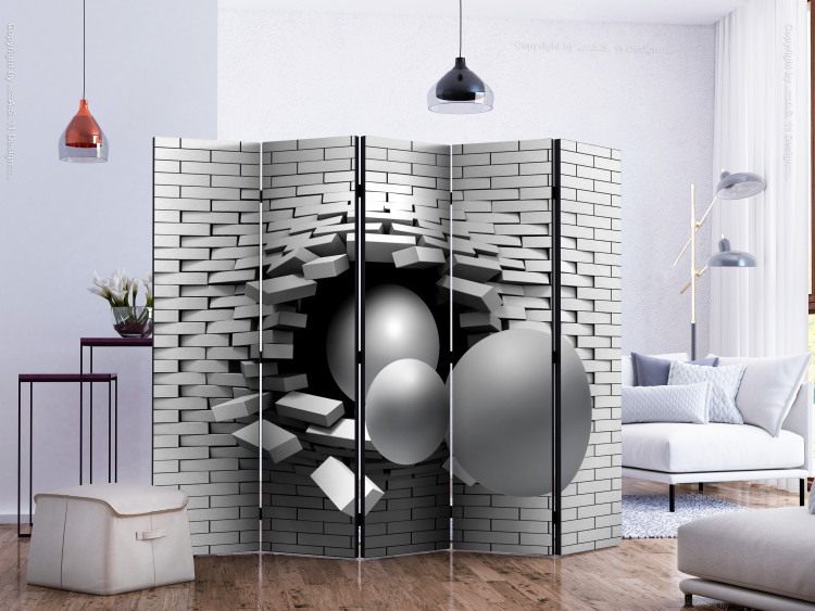 Room Divider Screen Brick in the Wall II - abstract balls breaking the wall in 3D motif 133675 additionalImage 2