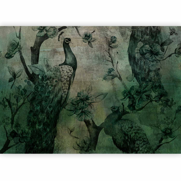 Wall Mural Beautiful birds on a tree with flowers - dark green engraving with peacocks 142075 additionalImage 1