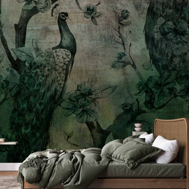 Wall Mural Beautiful birds on a tree with flowers - dark green engraving with peacocks 142075 additionalImage 2