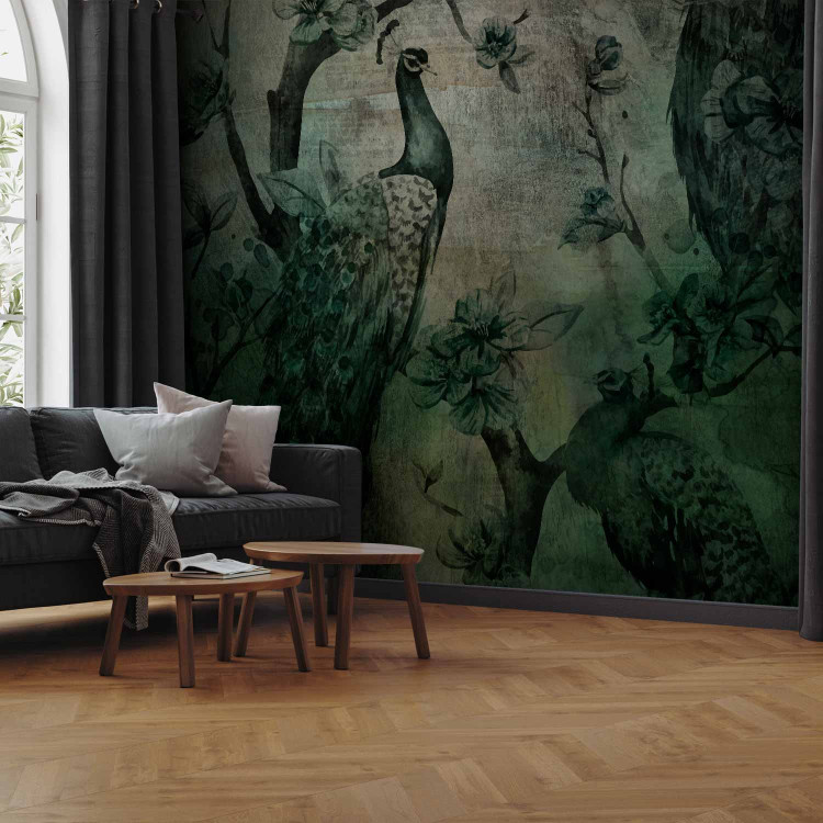 Wall Mural Beautiful birds on a tree with flowers - dark green engraving with peacocks 142075