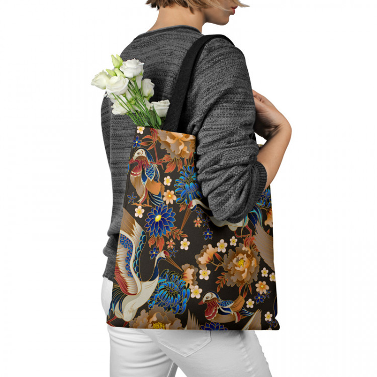 Shopping Bag Birdy paradise - pattern with multicoloured flowers on dark background 147575 additionalImage 3