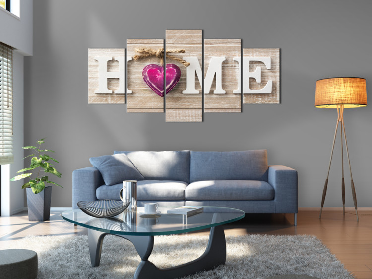 Canvas Art Print Heart in Home (5-part) - Text on Wooden Background in Retro Style 94875 additionalImage 3