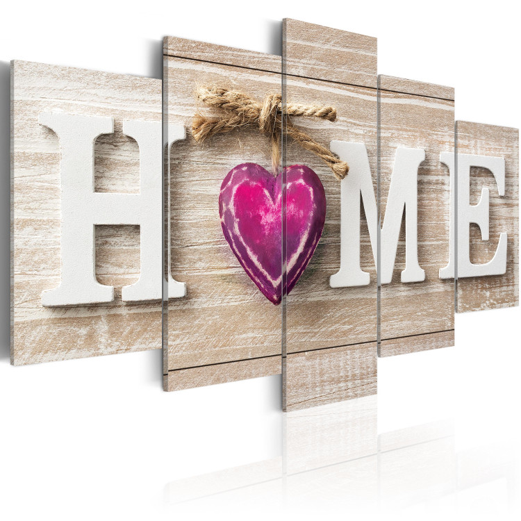 Canvas Art Print Heart in Home (5-part) - Text on Wooden Background in Retro Style 94875 additionalImage 2