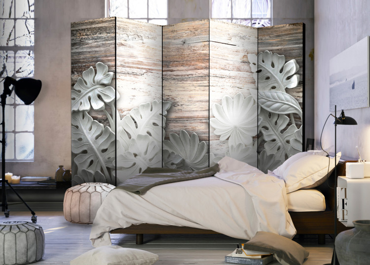 Room Divider Screen Alabaster Grove II - white stone flowers on wooden texture 95275 additionalImage 2