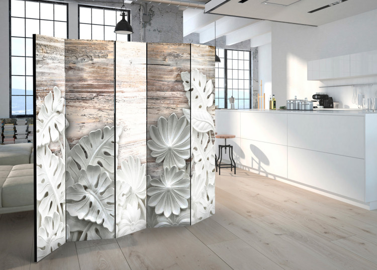 Room Divider Screen Alabaster Grove II - white stone flowers on wooden texture 95275 additionalImage 4