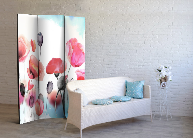 Room Divider Screen Swayed by the Wind - colorful poppy flowers in a meadow in watercolor motif 95575 additionalImage 2