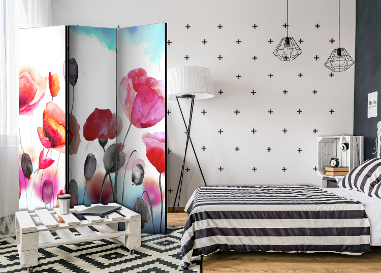 Room Divider Screen Swayed by the Wind - colorful poppy flowers in a meadow in watercolor motif 95575 additionalImage 4