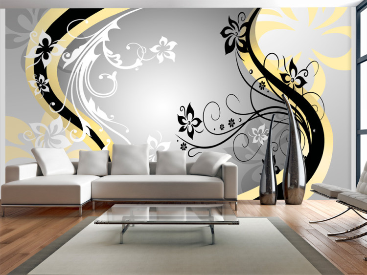 Photo Wallpaper Floral abstraction - yellow and black ornaments motif on a grey background 97175