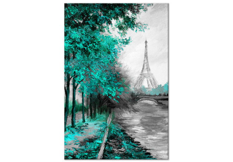 Canvas Art Print Canal and Eiffel Tower - Paris landscape with trees and river 123085