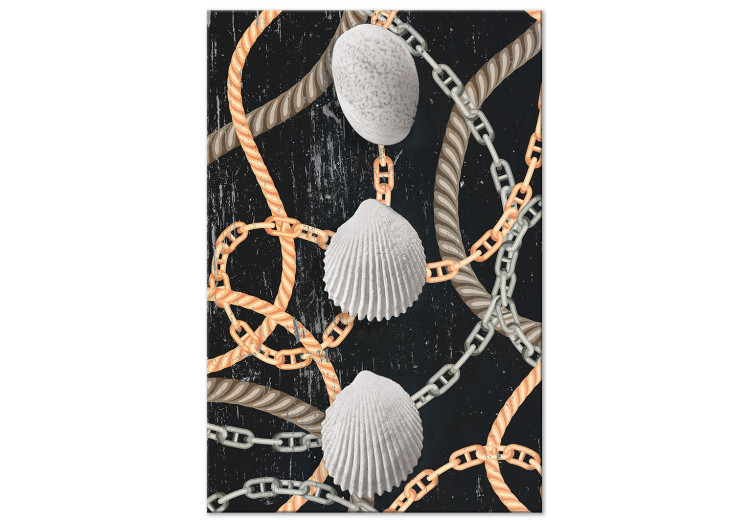 Canvas Shells, chains, string - a marine composition on a black background 127385