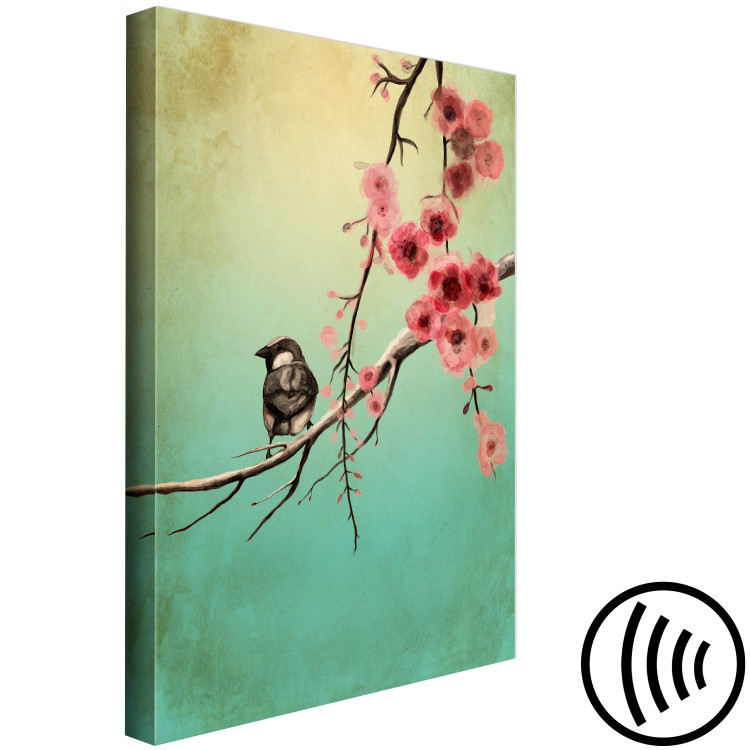 Canvas Print Cherry Blossoms (1-part) vertical - spring bird on a blue background 129385 additionalImage 6