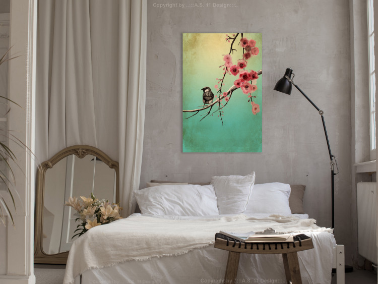 Canvas Print Cherry Blossoms (1-part) vertical - spring bird on a blue background 129385 additionalImage 3