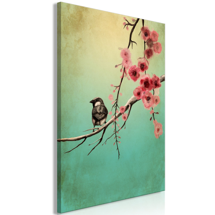 Canvas Print Cherry Blossoms (1-part) vertical - spring bird on a blue background 129385 additionalImage 2