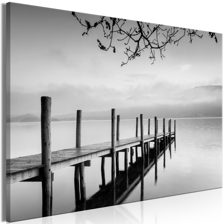Canvas Art Print Misty Pier (1-piece) Wide - black and white lake landscape 137185 additionalImage 2