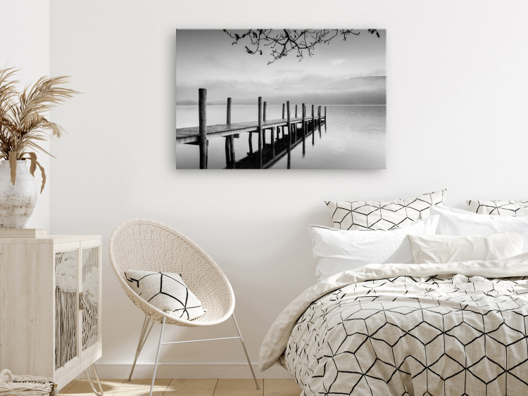 Canvas Art Print Misty Pier (1-piece) Wide - black and white lake landscape 137185 additionalImage 3