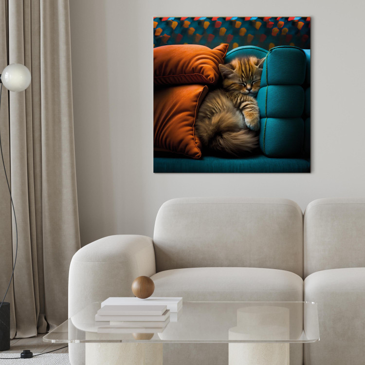 Canvas Print AI Cat - Cute Animal Sleeping Between Comfortable Pillows - Square 150185 additionalImage 5