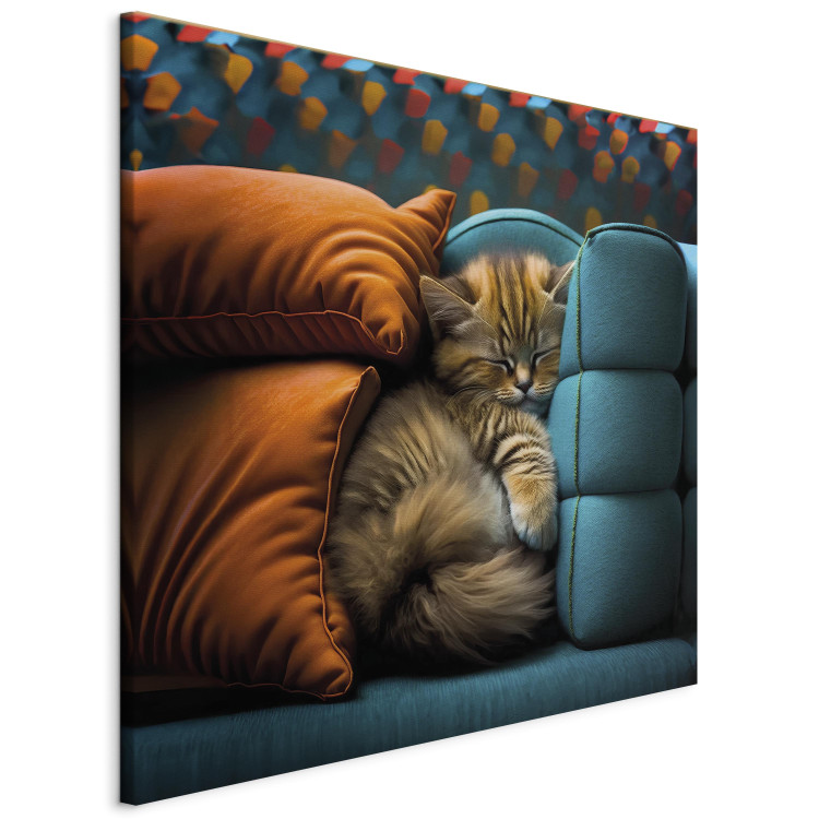 Canvas Print AI Cat - Cute Animal Sleeping Between Comfortable Pillows - Square 150185 additionalImage 2