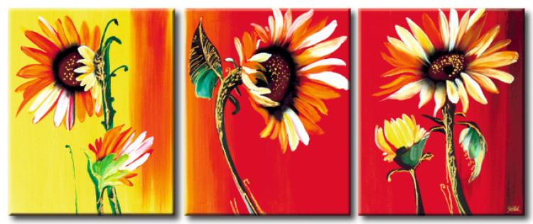 Canvas Three Sunflowers at Sunset (3-piece) - floral motif 47185