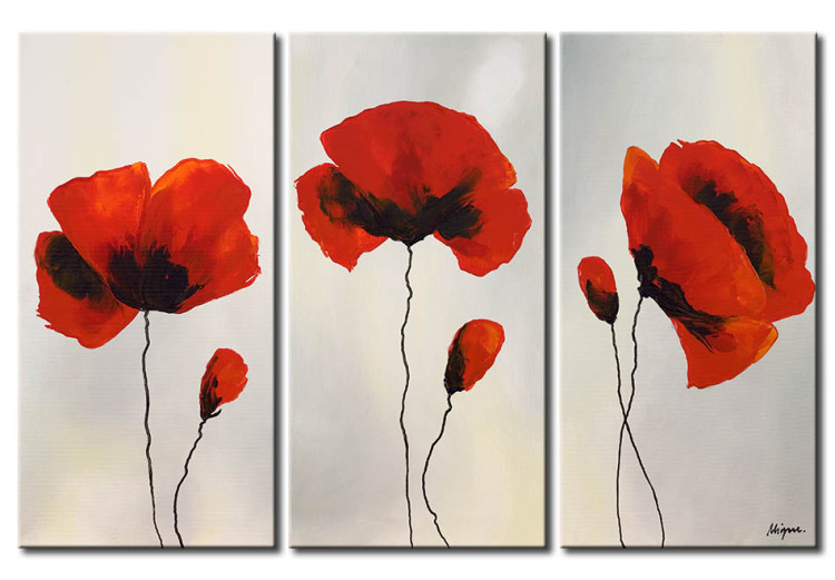 Canvas Art Print Poppies in a Shimmering Mist (3-piece) - Red flowers on a white background 47585
