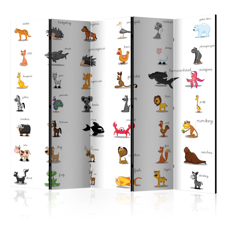 Folding Screen Learning by Playing (Animals) II (5-piece) - animals and captions 132595