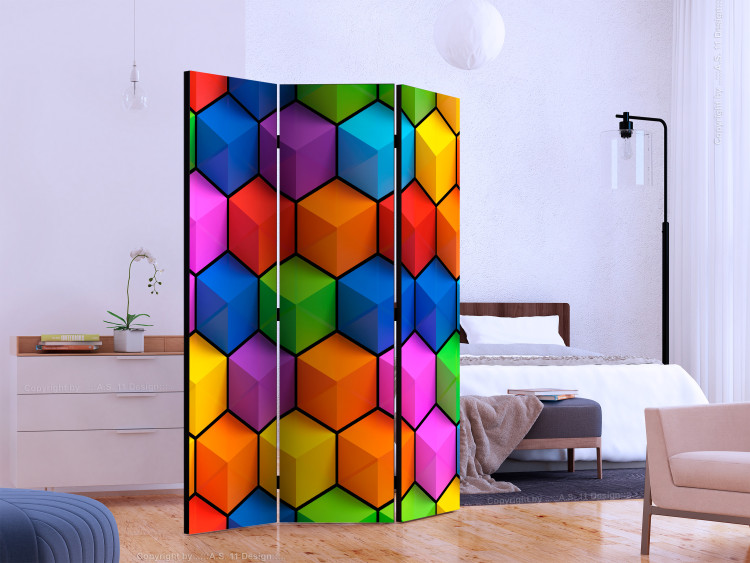 Folding Screen Rainbow Geometry (3-piece) - colorful geometric 3D composition 132895 additionalImage 2