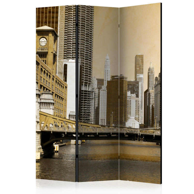 Room Divider Chicago Bridge (Vintage Effect) (3-piece) - river against the backdrop of skyscrapers 133095