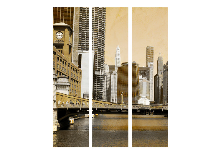 Room Divider Chicago Bridge (Vintage Effect) (3-piece) - river against the backdrop of skyscrapers 133095 additionalImage 3