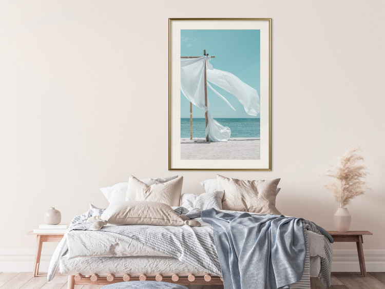 Poster Warm Breeze - beach seascape with white parasol against ocean 135295 additionalImage 26