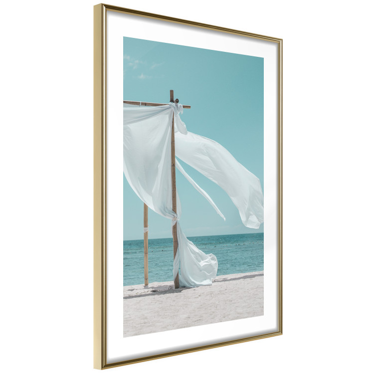Poster Warm Breeze - beach seascape with white parasol against ocean 135295 additionalImage 2