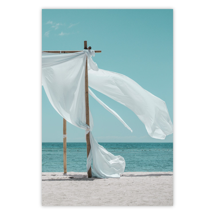 Poster Warm Breeze - beach seascape with white parasol against ocean 135295