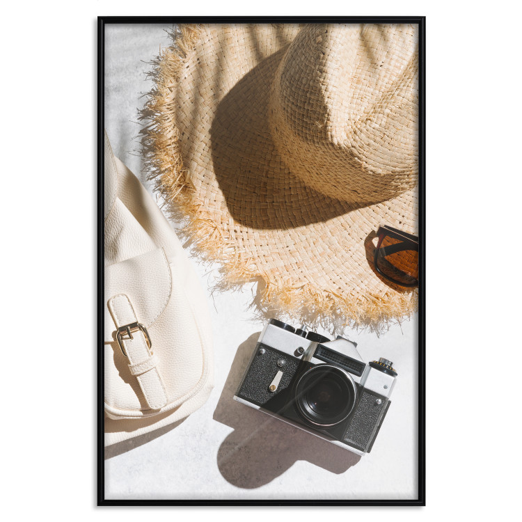 Poster Vacation Vibes - summer table composition with a hat and camera 135595 additionalImage 12