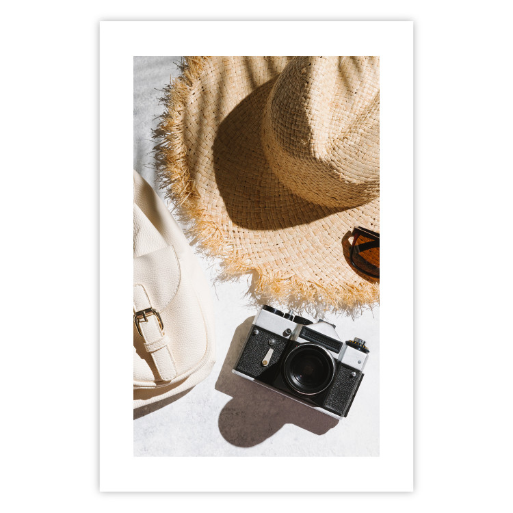 Poster Vacation Vibes - summer table composition with a hat and camera 135595 additionalImage 13