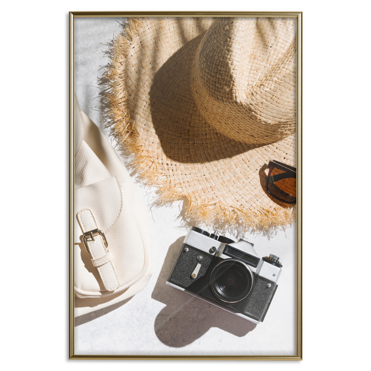 Poster Vacation Vibes - summer table composition with a hat and camera 135595 additionalImage 11
