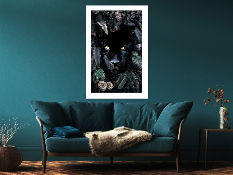 Poster Black Panther in Leaves - portrait of a panther against a background of green plants 138695 additionalImage 2
