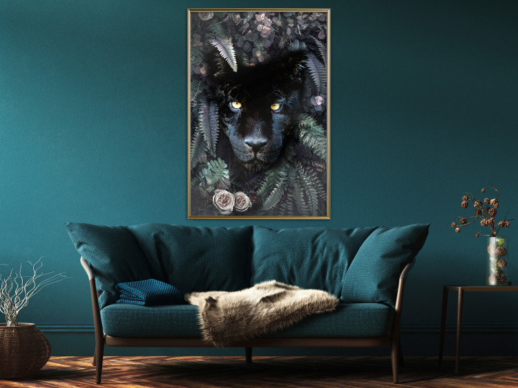 Poster Black Panther in Leaves - portrait of a panther against a background of green plants 138695 additionalImage 14