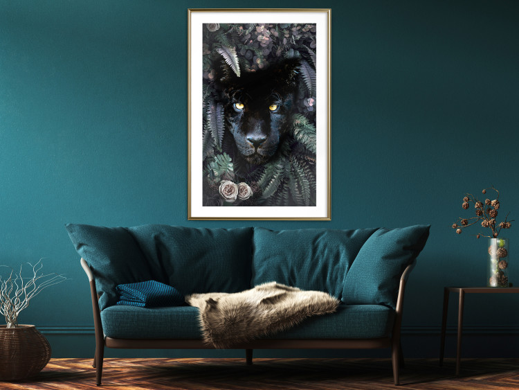 Poster Black Panther in Leaves - portrait of a panther against a background of green plants 138695 additionalImage 17