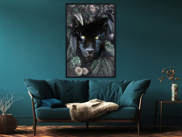 Poster Black Panther in Leaves - portrait of a panther against a background of green plants 138695 additionalImage 3