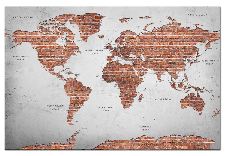 Canvas Print Brick World - World Map with Gray Ocean and Brick Continents 97495
