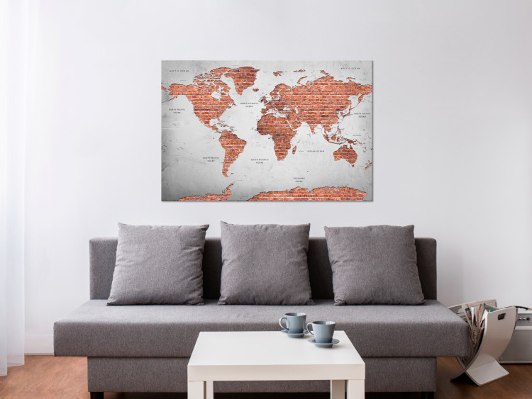 Canvas Print Brick World - World Map with Gray Ocean and Brick Continents 97495 additionalImage 3