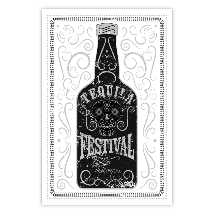 Poster Tequila festival - black and white decorative composition with a bottle of alcohol 115106