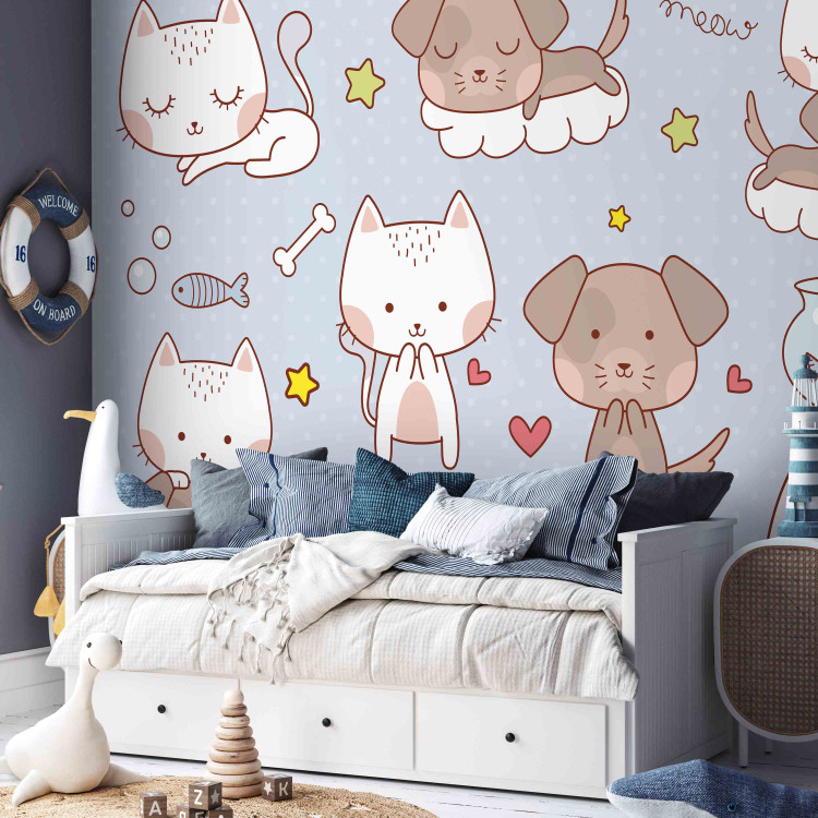 Photo Wallpaper Friendly kitties - childish pattern with animals on a blue background 129006 additionalImage 4
