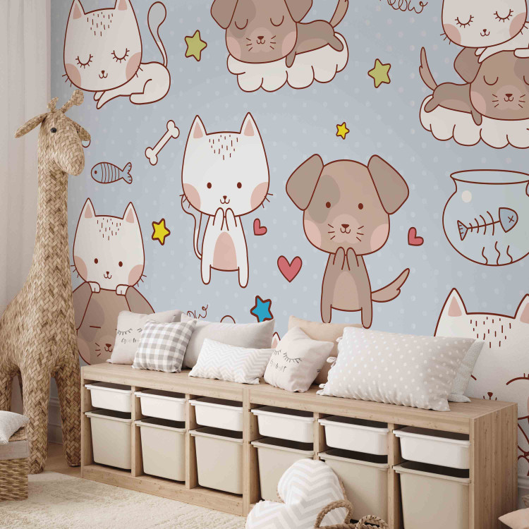 Photo Wallpaper Friendly kitties - childish pattern with animals on a blue background 129006 additionalImage 6