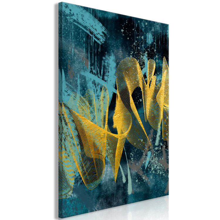 Canvas Print Golden Waves (1-piece) Vertical - golden abstraction on a blue background 131906 additionalImage 2