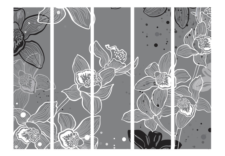Folding Screen Winter Flora II (5-piece) - black and white pattern in flowers and gray background 132606 additionalImage 3