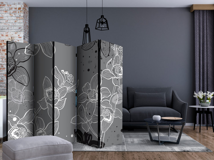 Folding Screen Winter Flora II (5-piece) - black and white pattern in flowers and gray background 132606 additionalImage 4